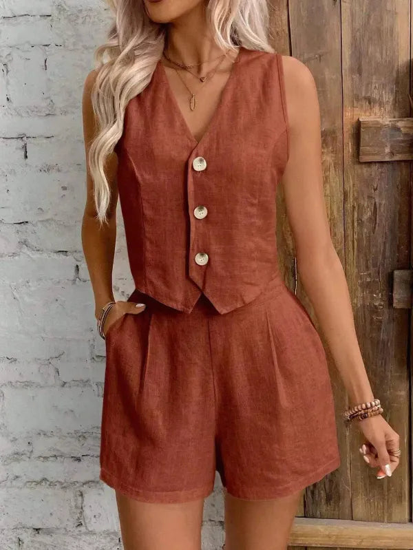 Conjunto Feminino Linho Colete e Shorts Casual Elegante