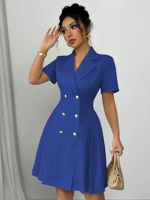 Vestido Midi Luxuoso Gola Entalhada Abotoamento Duplo