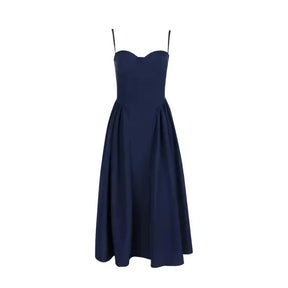Vestido Midi Elegante Alças Finas Azul Marinho Feminino