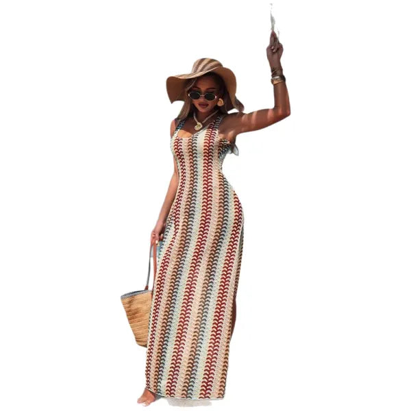 Vestido Longo Tricotado Boêmio Cintura Alta Feminino