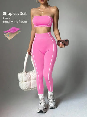 Conjunto Legging Yoga Sem Costura + Top Bandeau Feminino