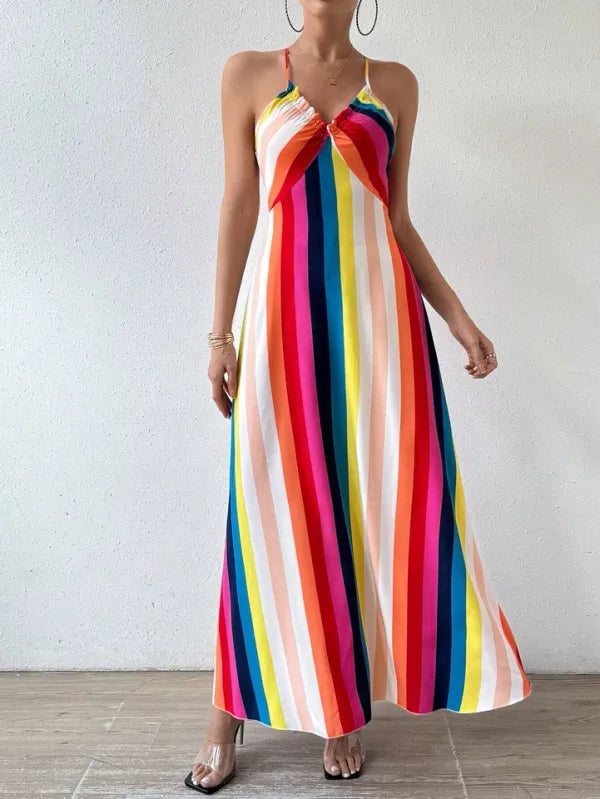 Vestido Boho Estampa Étnica Costas Nuas Verão Feminino