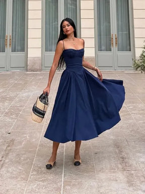 Vestido Midi Elegante Alças Finas Azul Marinho Feminino