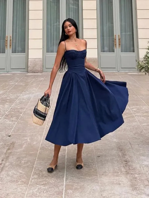 Vestido Midi Elegante Alças Finas Azul Marinho Feminino