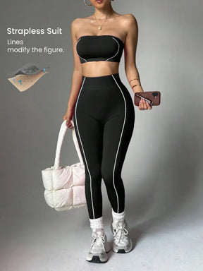Conjunto Legging Yoga Sem Costura + Top Bandeau Feminino