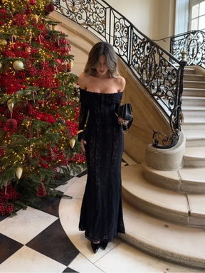 Vestido Longo Ombro a Ombro Renda Festa Elegante 2025