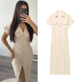 Vestido Jeans Midi Feminino com Lapela e Zíper Lateral