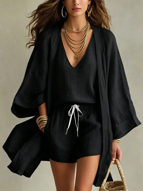 Conjunto Feminino 3 Peças Linho Colete Cardigan e Short