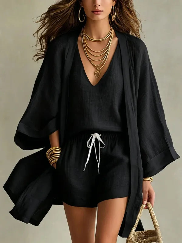 Conjunto Feminino 3 Peças Linho Colete Cardigan e Short