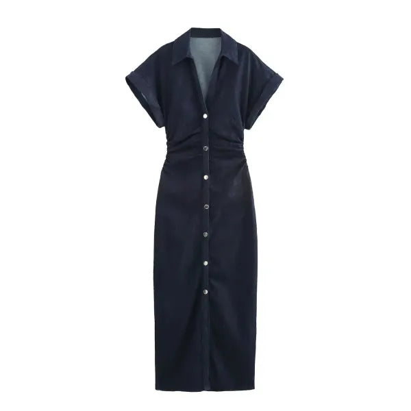 Vestido Jeans Midi Feminino com Lapela e Zíper Lateral