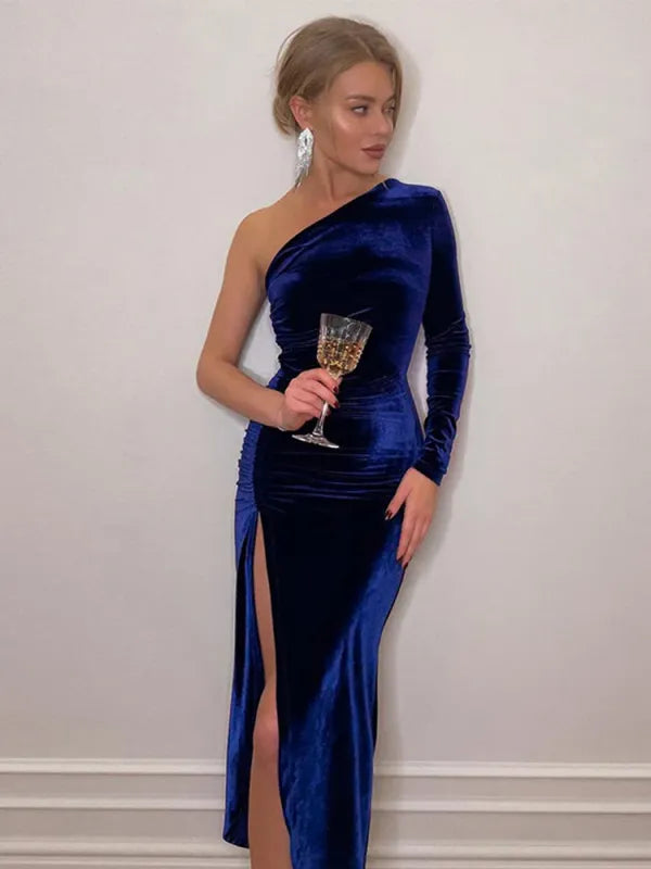 Vestido Midi Veludo Bodycon Manga Longa Fenda Elegante