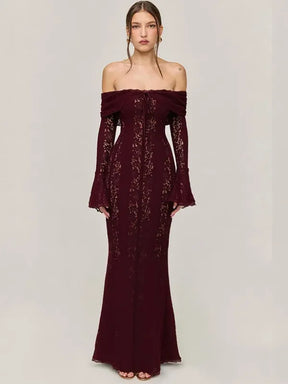 Vestido Longo Ombro a Ombro Renda Festa Elegante 2025