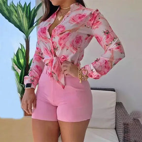 Conjunto Feminino Shorts e Blusa Manga Longa Decote V