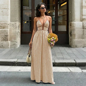 Vestido Longo de Praia Listrado Decote V Sem Costas Verão 2026