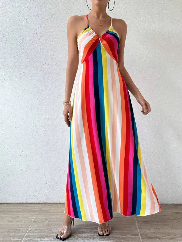 Vestido Longo Feminino Boho Estampa Étnica Costas Nuas Praia