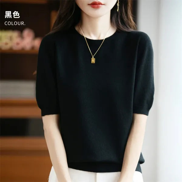 Blusa Feminina 100% Lã Pura Manga Curta Gola Redonda Solta