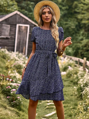 Vestido Floral Feminino Plissado Cintura Alta Look Casual Elegante