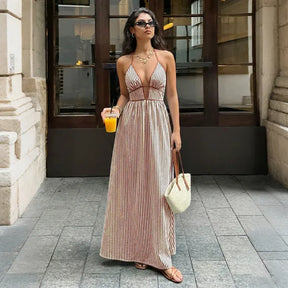 Vestido Longo de Praia Listrado Decote V Sem Costas Verão 2026