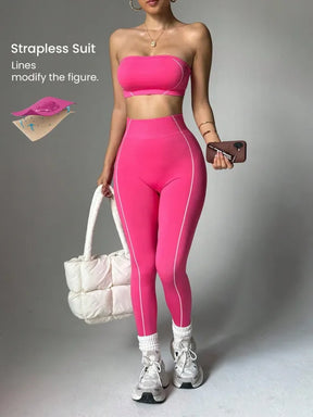 Conjunto Legging Yoga Sem Costura + Top Bandeau Feminino [v:1of2ui]