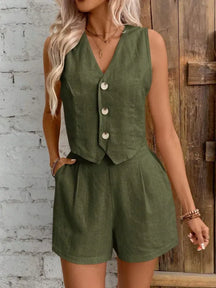 Conjunto Feminino Linho Colete e Shorts Casual Elegante [v:x0vhsn]