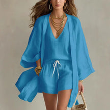 Conjunto Feminino 3 Peças Linho Colete Cardigan e Short [v:19g0gto]