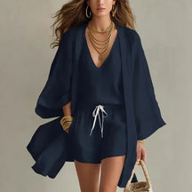 Conjunto Feminino 3 Peças Linho Colete Cardigan e Short [v:1a3b9vx]