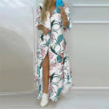 Vestido Longo Boho Estampado Manga Longa com Fenda [v:1t3b6cg]