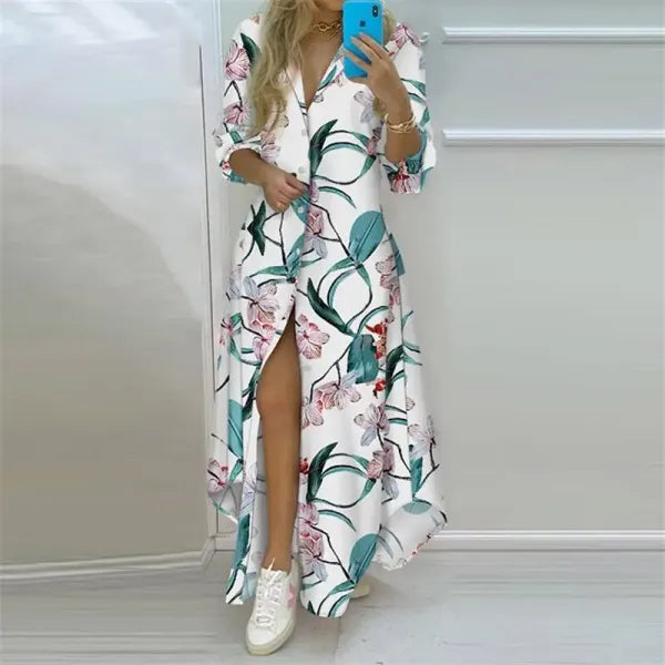 Vestido Longo Boho Estampado Manga Longa com Fenda [v:1t3b6cg]