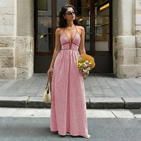 Vestido Longo de Praia Listrado Decote V Sem Costas Verão 2026