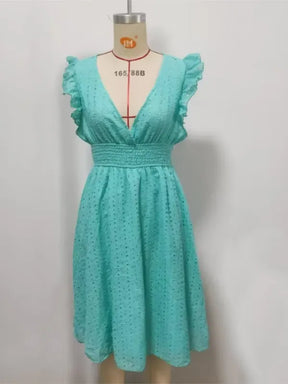 Vestido Midi Feminino Branco Renda Plissado Decote V Elegante