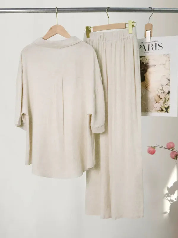 Conjunto Feminino Linho Camisa Meia Manga e Calça Longa Casual