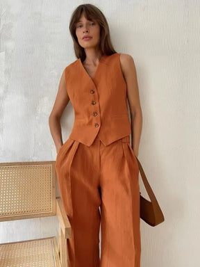 Conjunto Feminino Colete e Calça Linho Alfaiataria Chique 2 Peças