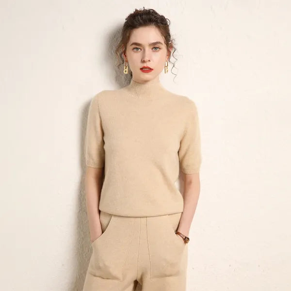 Suéter Feminino Caxemira 100% Meia Gola Alta Manga Curta Premium