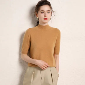 Suéter Feminino Caxemira 100% Meia Gola Alta Manga Curta Premium