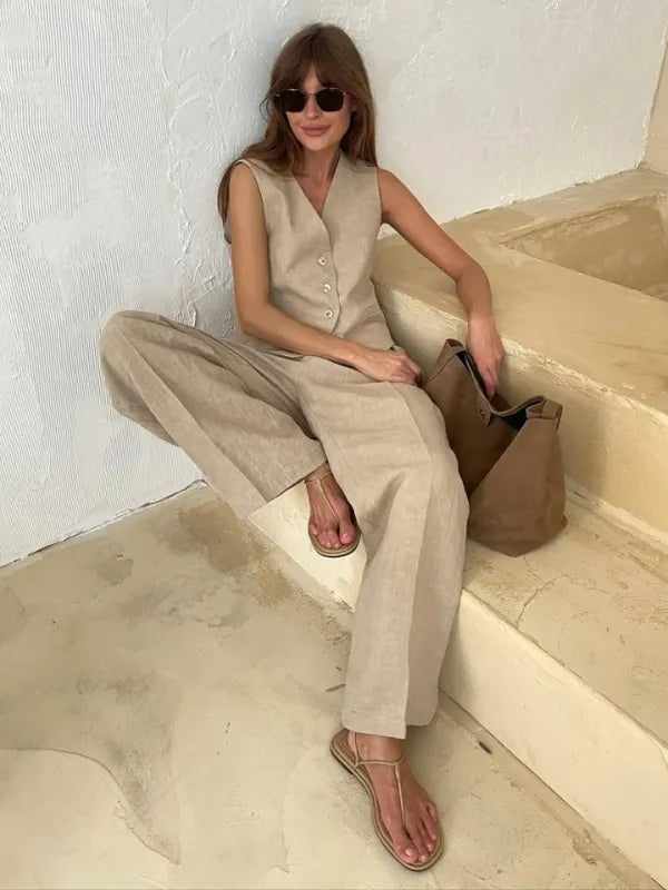 Conjunto Feminino Colete e Calça Linho Alfaiataria Chique 2 Peças