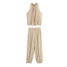 Conjunto Feminino Colete Cáqui com Miçangas e Calça Lanterninha