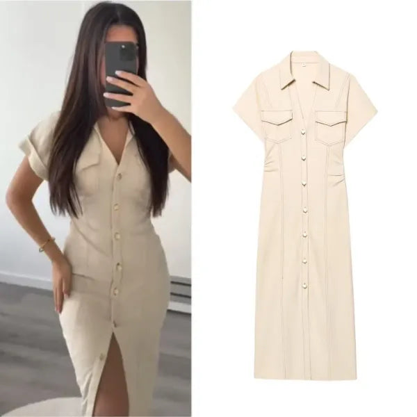 Vestido Jeans Midi Feminino com Lapela e Zíper Lateral [v:msli4b]