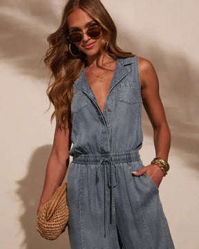 Macacão Jeans Feminino com Cordão e Bolsos — Look Casual Elegante
