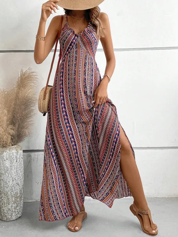 Vestido Longo Feminino Boho Estampa Étnica Costas Nuas Praia