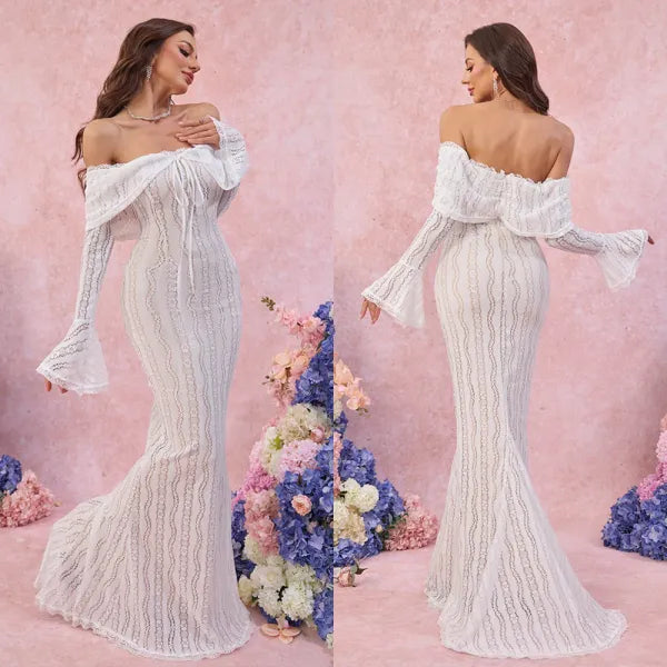 Vestido Longo Ombro a Ombro Renda Festa Elegante 2025 [v:1u41i0]