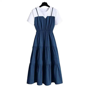 Vestido Feminino Falso Duas Peças Manga Curta Cintura Marcada
