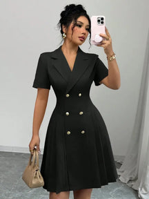 Vestido Midi Feminino Alfaiataria Lapela Abotoamento Duplo Manga Curta
