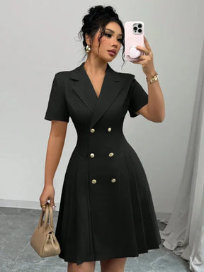 Vestido Midi Feminino Alfaiataria Lapela Abotoamento Duplo Manga Curta