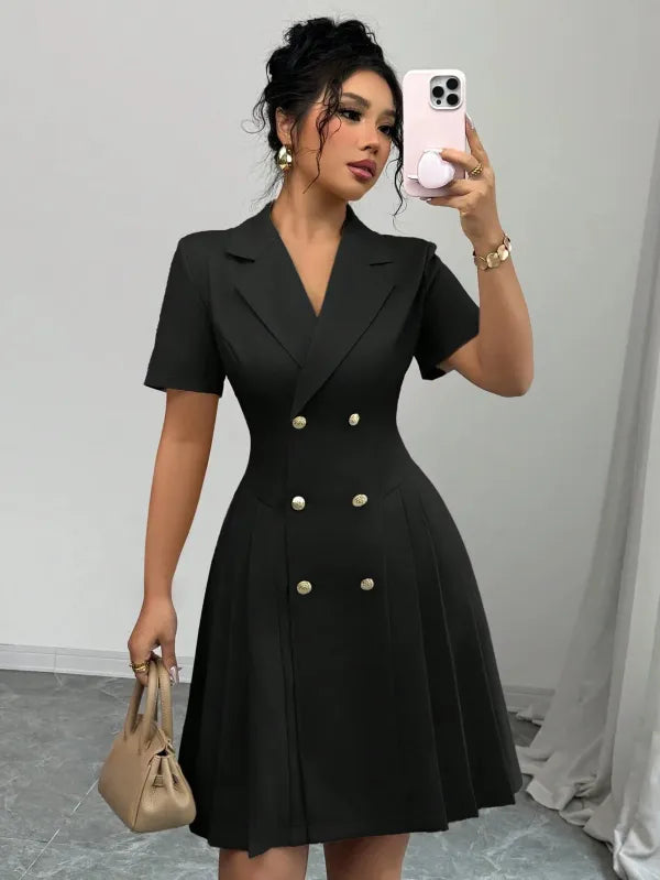 Vestido Midi Feminino Alfaiataria Lapela Abotoamento Duplo Manga Curta