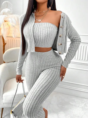 Conjunto Feminino 3 Peças Camisola Jaqueta Botão e Leggings