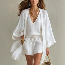 Conjunto Feminino 3 Peças Linho Colete Cardigan e Short [v:1meprj4]