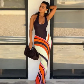 Vestido Longo Um Ombro Estampado Moda Praia Feminina Verão 2026