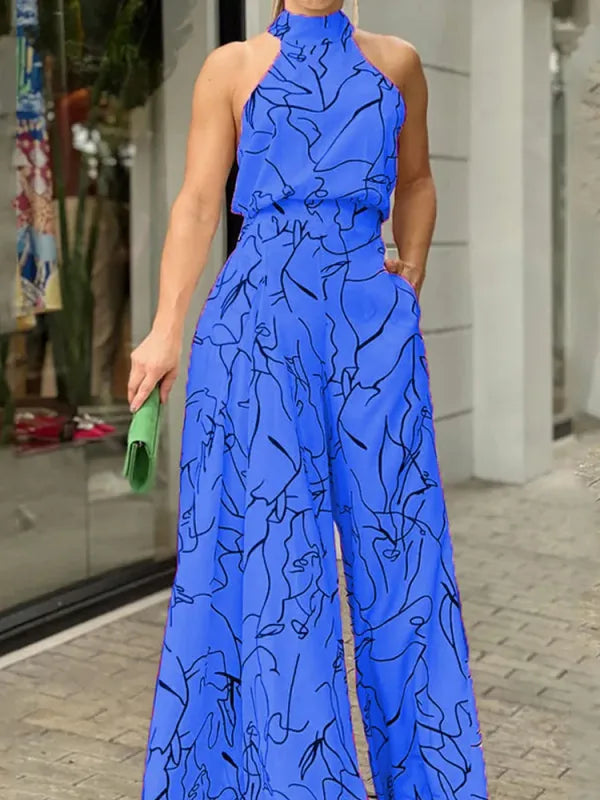 Macacão Feminino Perna Larga Sem Manga Estampa Abstrata Elegante