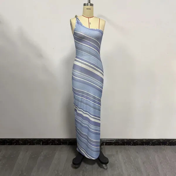 Vestido Longo Um Ombro Estampado Moda Praia Feminina Verão 2026