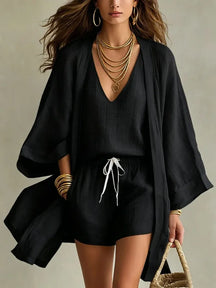 Conjunto Feminino 3 Peças Linho Colete Cardigan e Short [v:1n20kld]